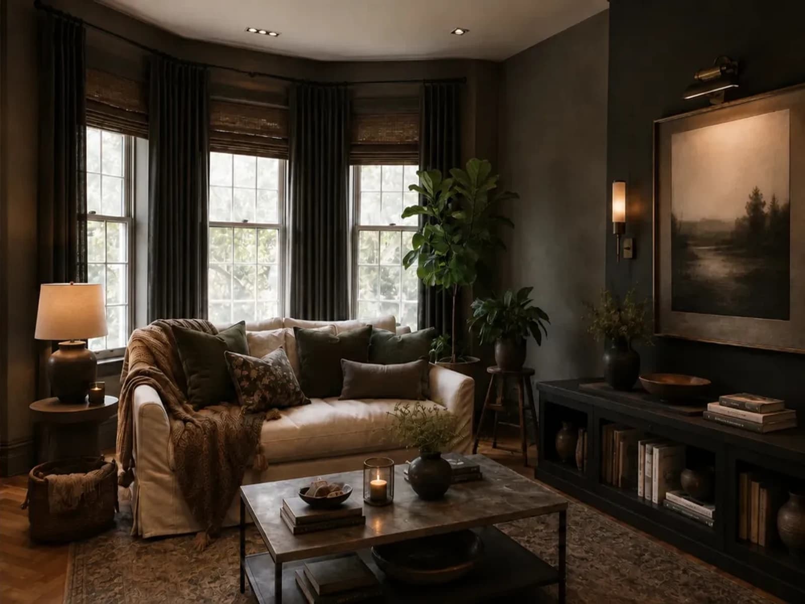 Verified Room Foundry moody living room preview preserving the cream sofa and window bay