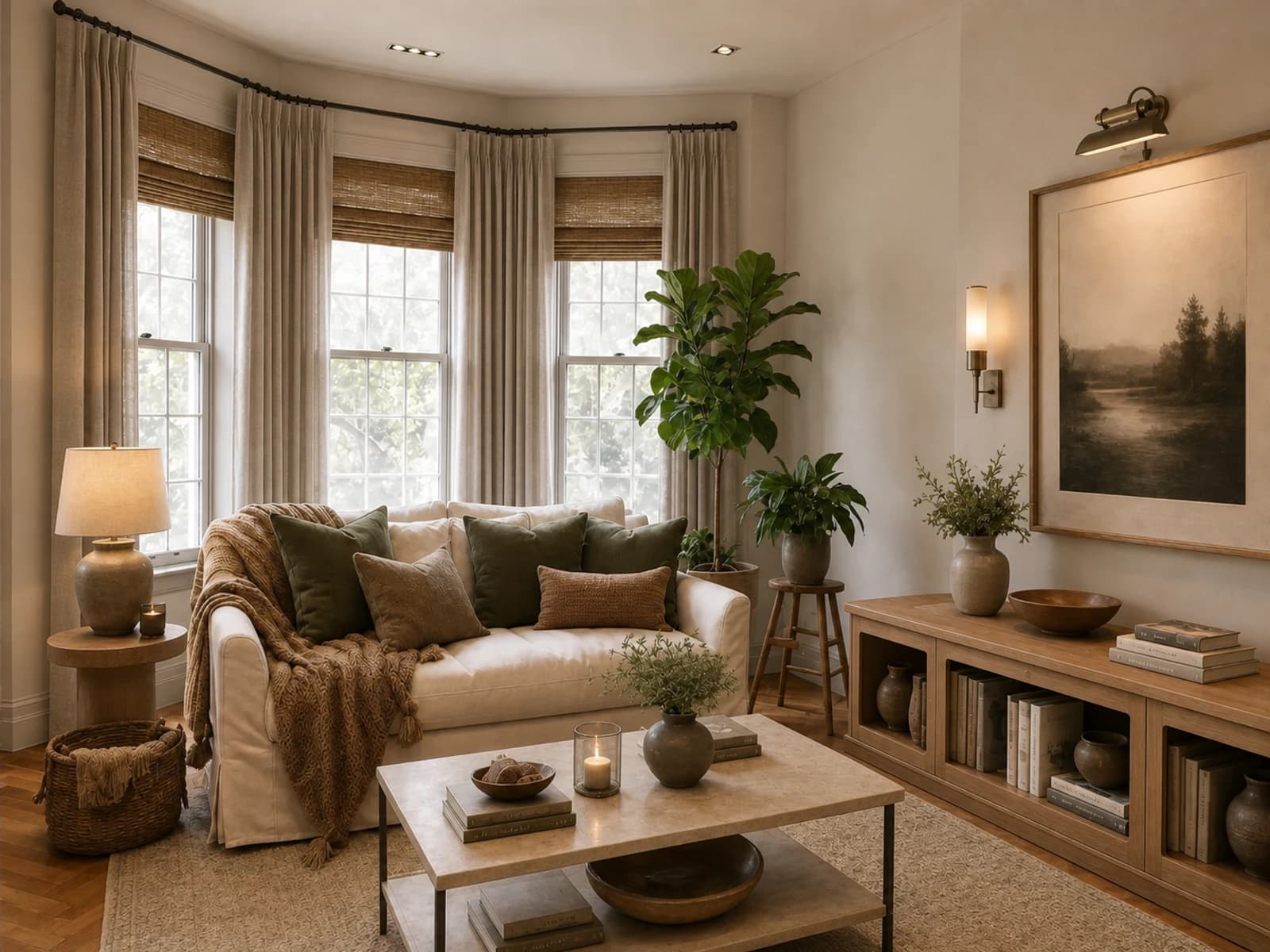 Editorial Organic Modern illustration of the same living room direction with a cream sofa