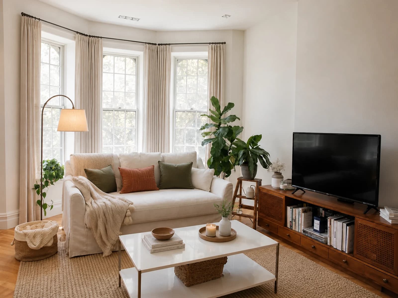 Lower-commitment editorial living-room refresh keeping all major furniture