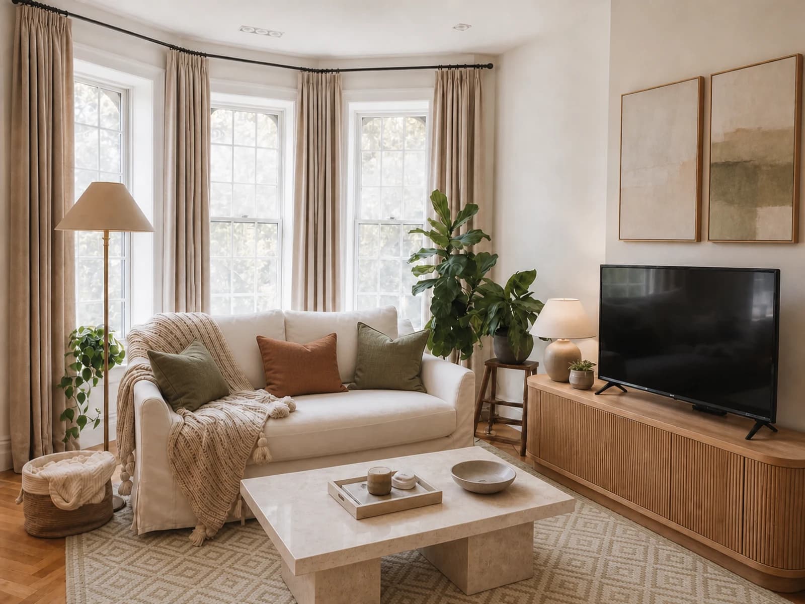 Focused editorial revision changing only the rug and pillows in a warm modern concept