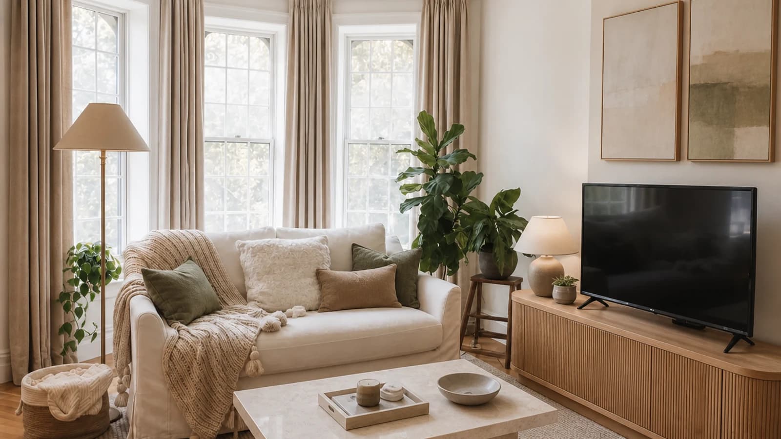 Warm modern editorial living-room concept created from one base-room photo