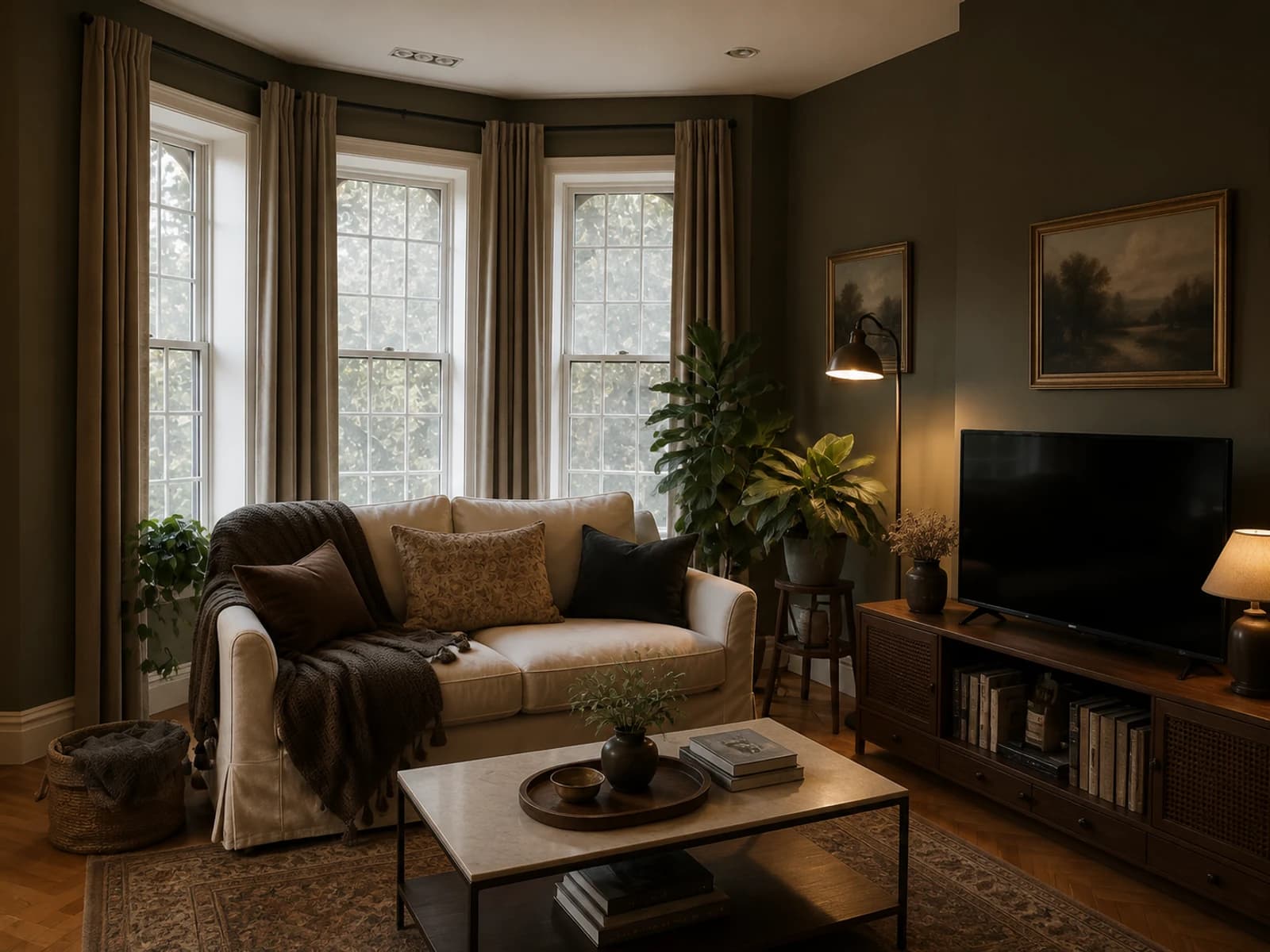 Moody traditional editorial living-room concept preserving a cream sofa and window bay