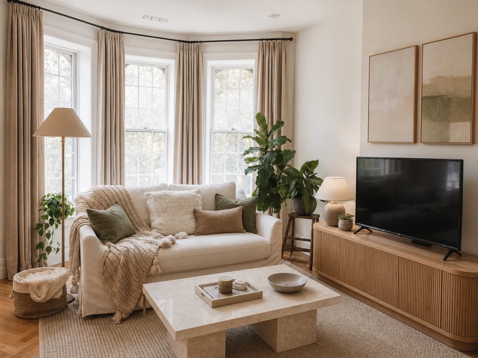 Warm modern editorial living-room concept preserving a cream sofa and window bay