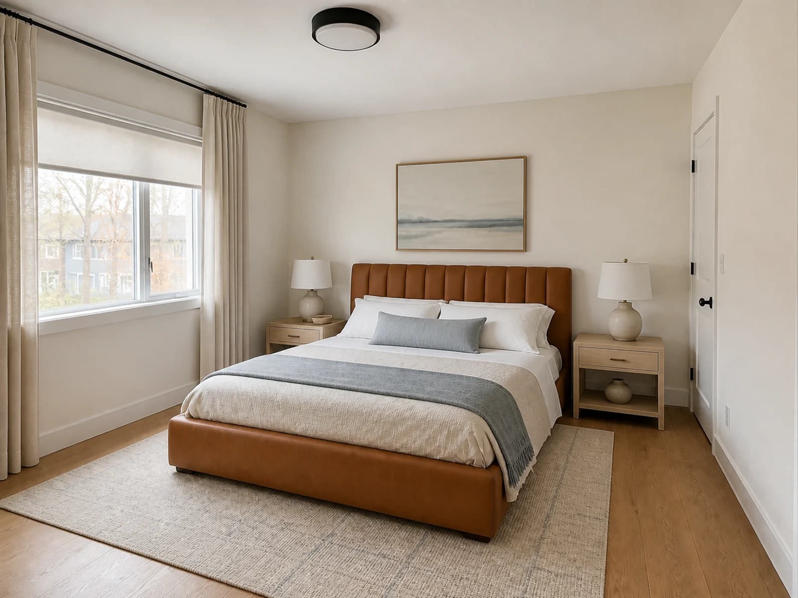Same bedroom after refined coastal styling with the camel bed preserved, pale oak nightstands, tailored bedding, muted blue, linen, and a larger textured rug