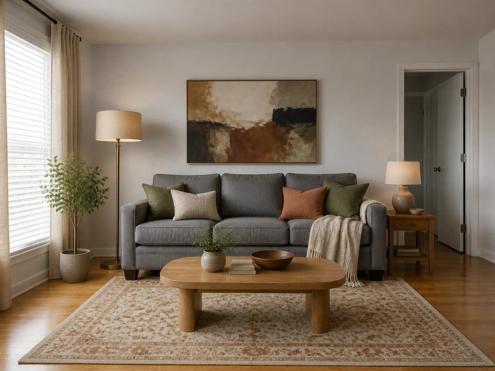 The same medium-gray sofa warmed by an ivory patterned rug, oak table, linen curtains, layered lamps, olive, and rust