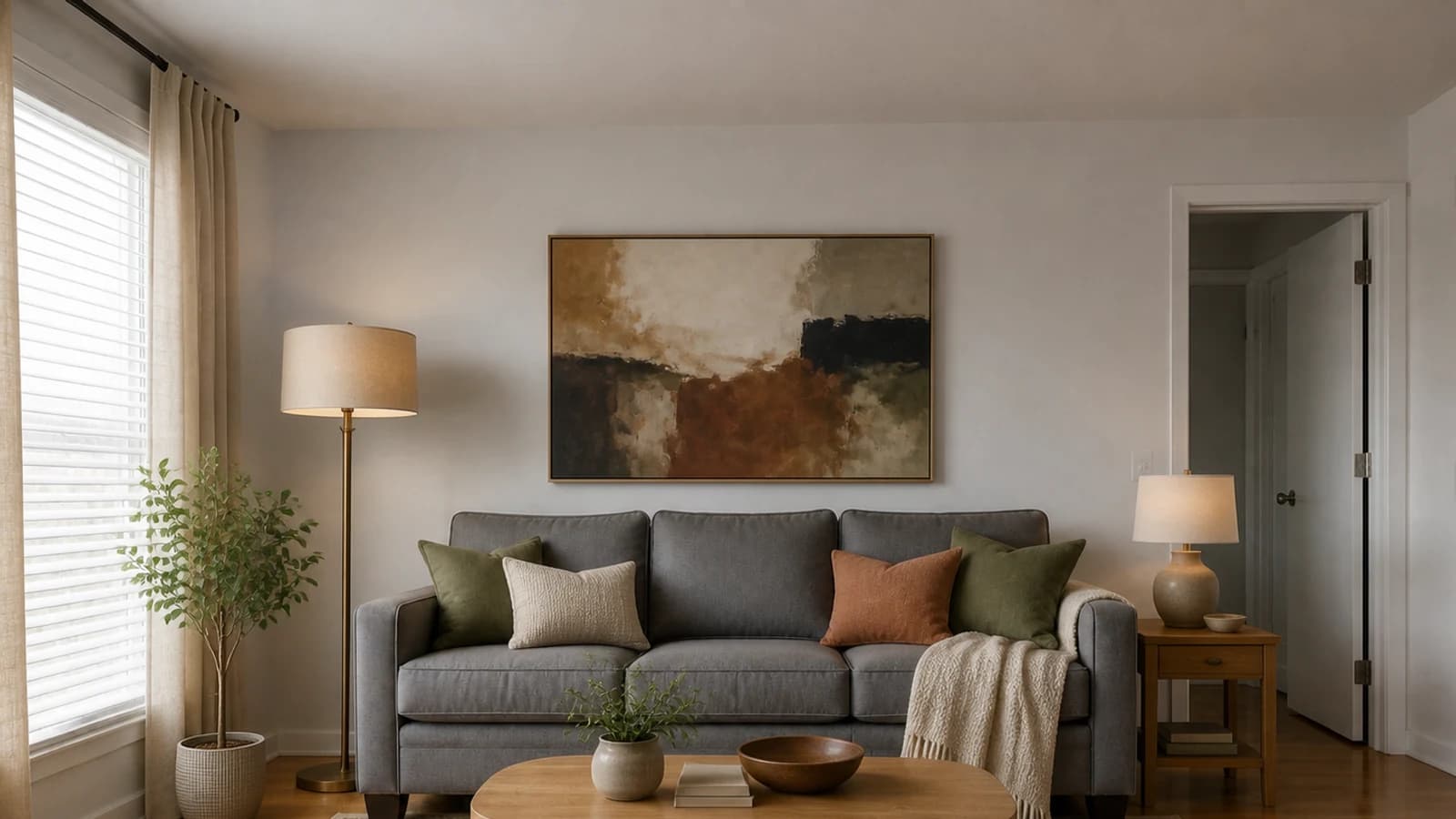 Warm living room styled around the same medium-gray sofa with oak, ivory, olive, and rust