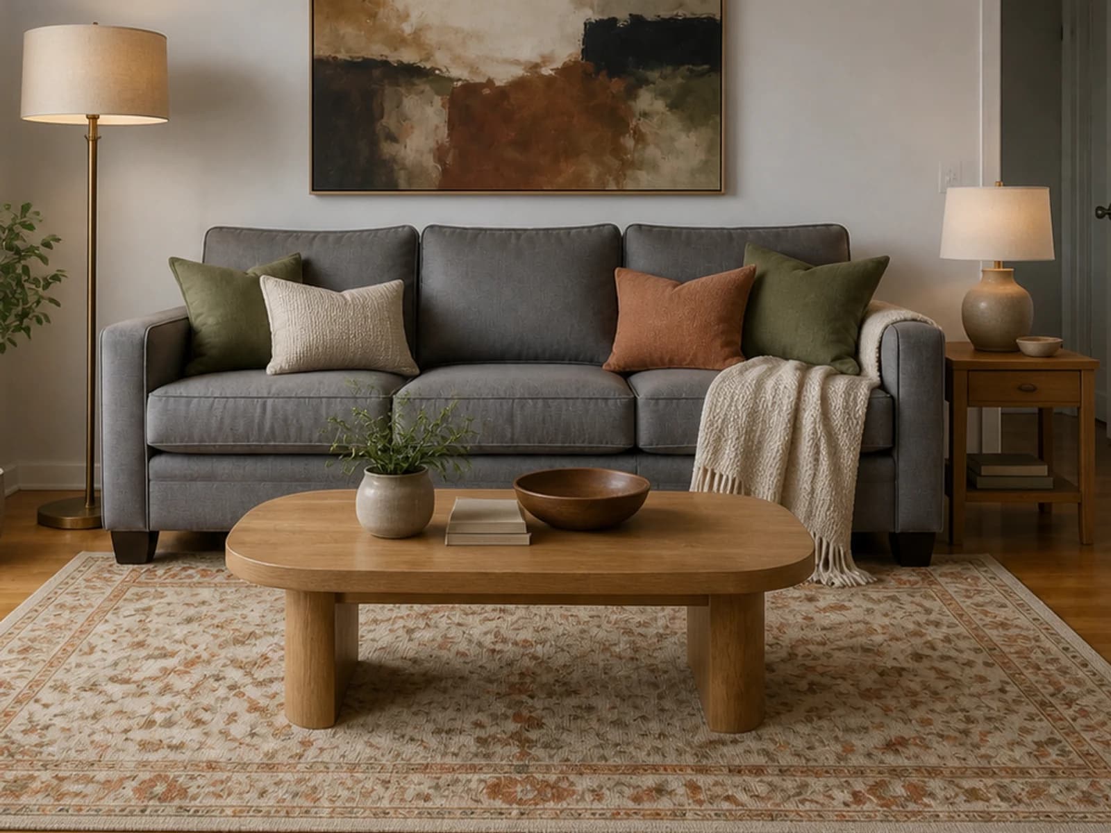 Detail of a gray sofa with olive, rust, and ivory textiles beside oak, brass, and a warm patterned rug