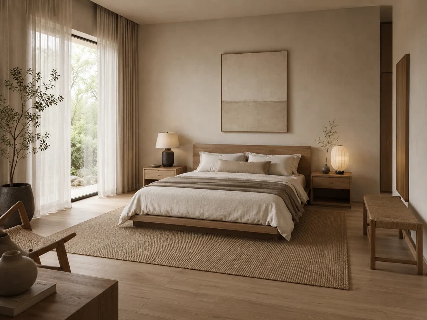 Warm Japandi bedroom with natural wood, neutral bedding, soft lighting, and a woven rug