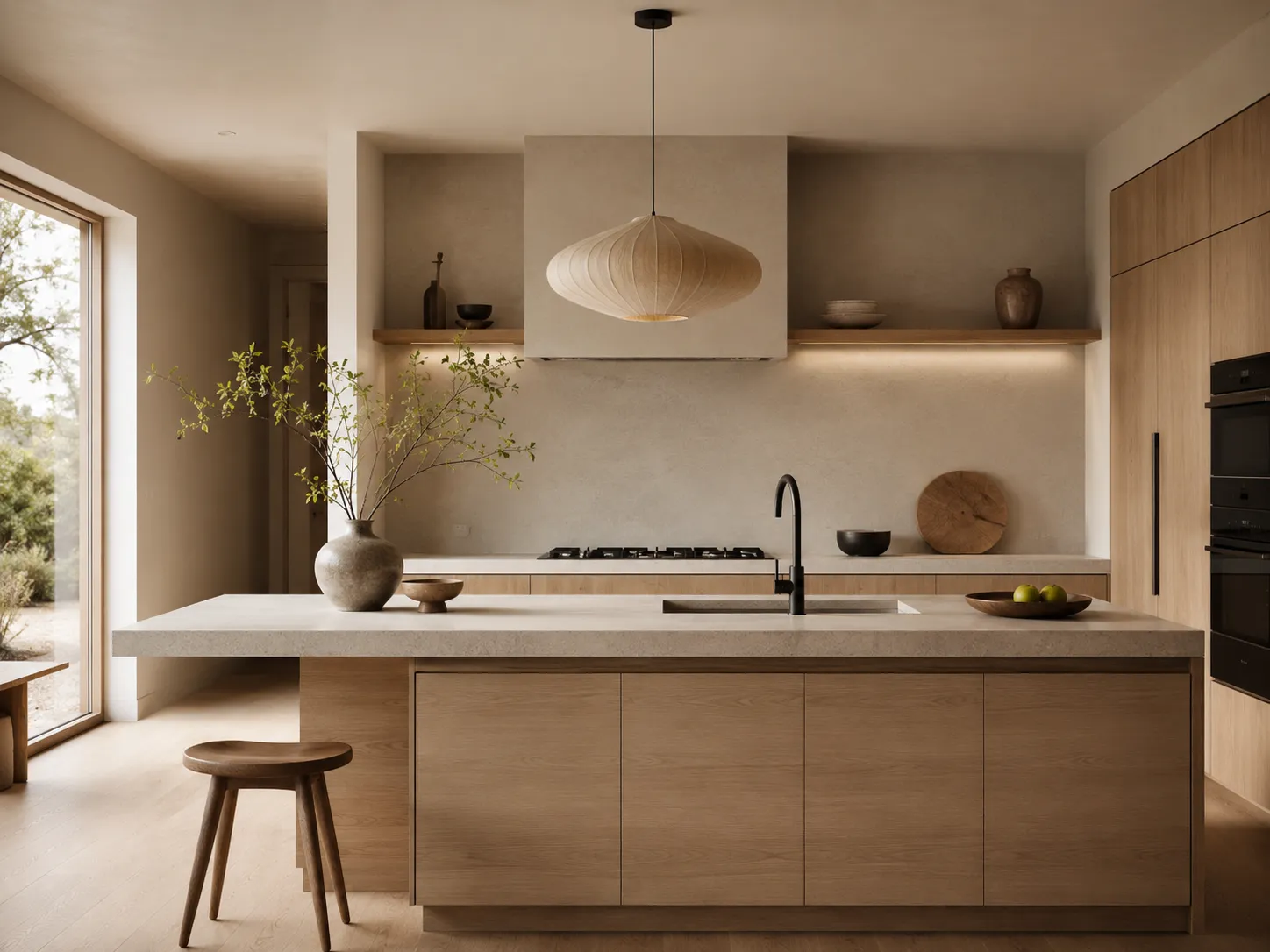 Japandi kitchen with light wood cabinetry, stone counters, ceramic decor, and soft pendant lighting