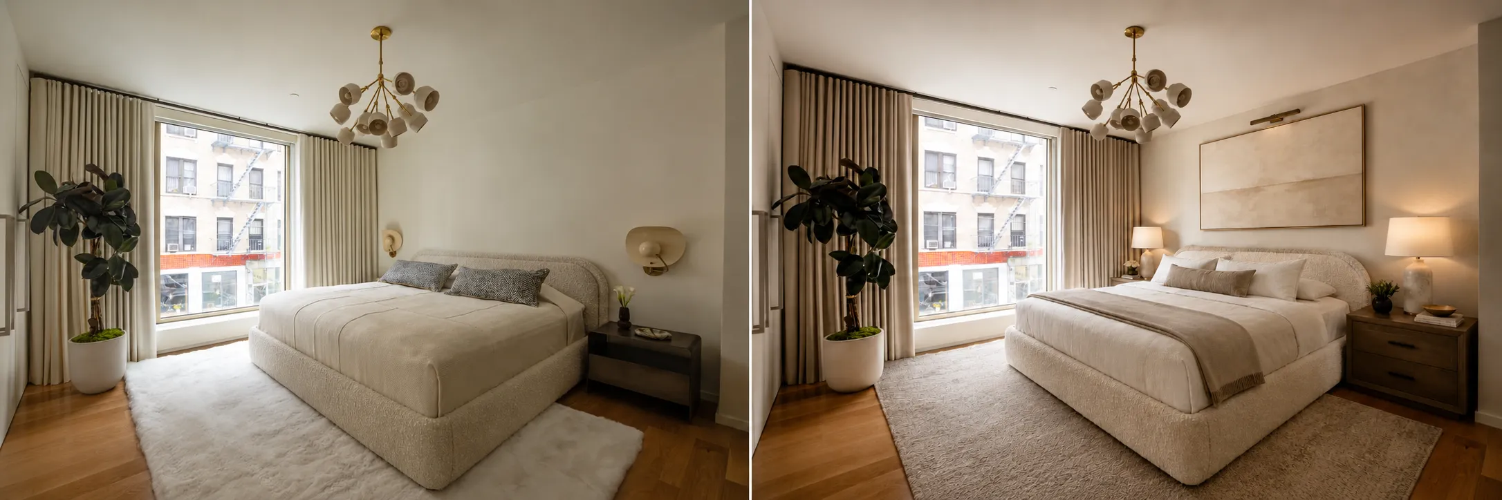 Before-and-after AI bedroom redesign that keeps the existing bed, windows, flooring, and room layout
