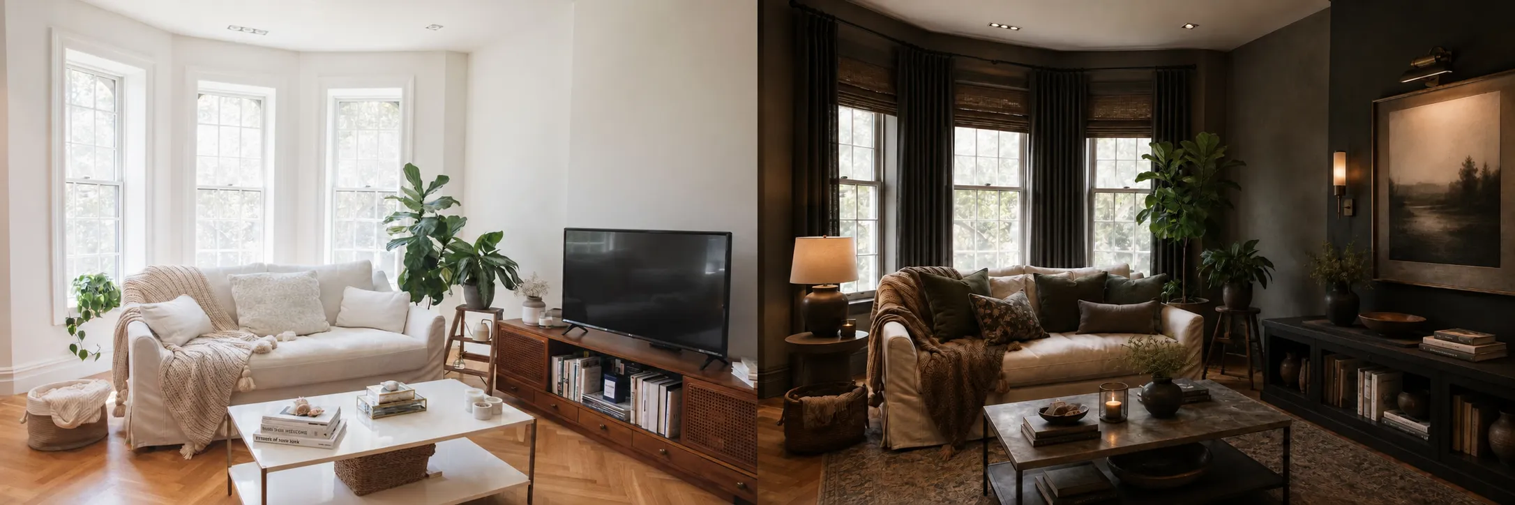 Before-and-after AI living room redesign that keeps the existing sofa, windows, flooring, and room layout