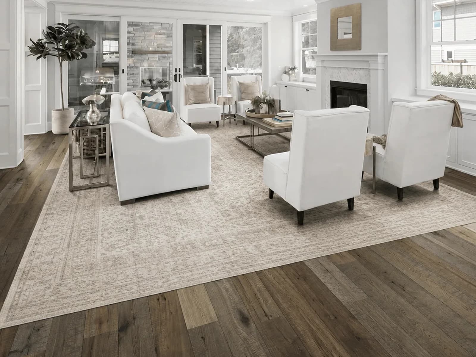 Room Foundry-owned rug preview preserving the hardwood floor and furniture arrangement