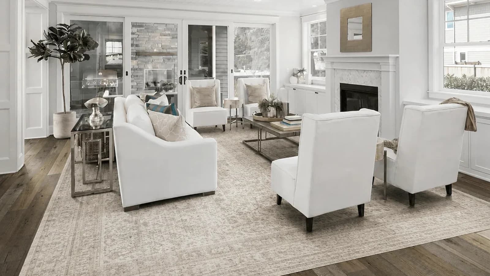 Room Foundry-owned living room rug preview connecting the sofa and chairs