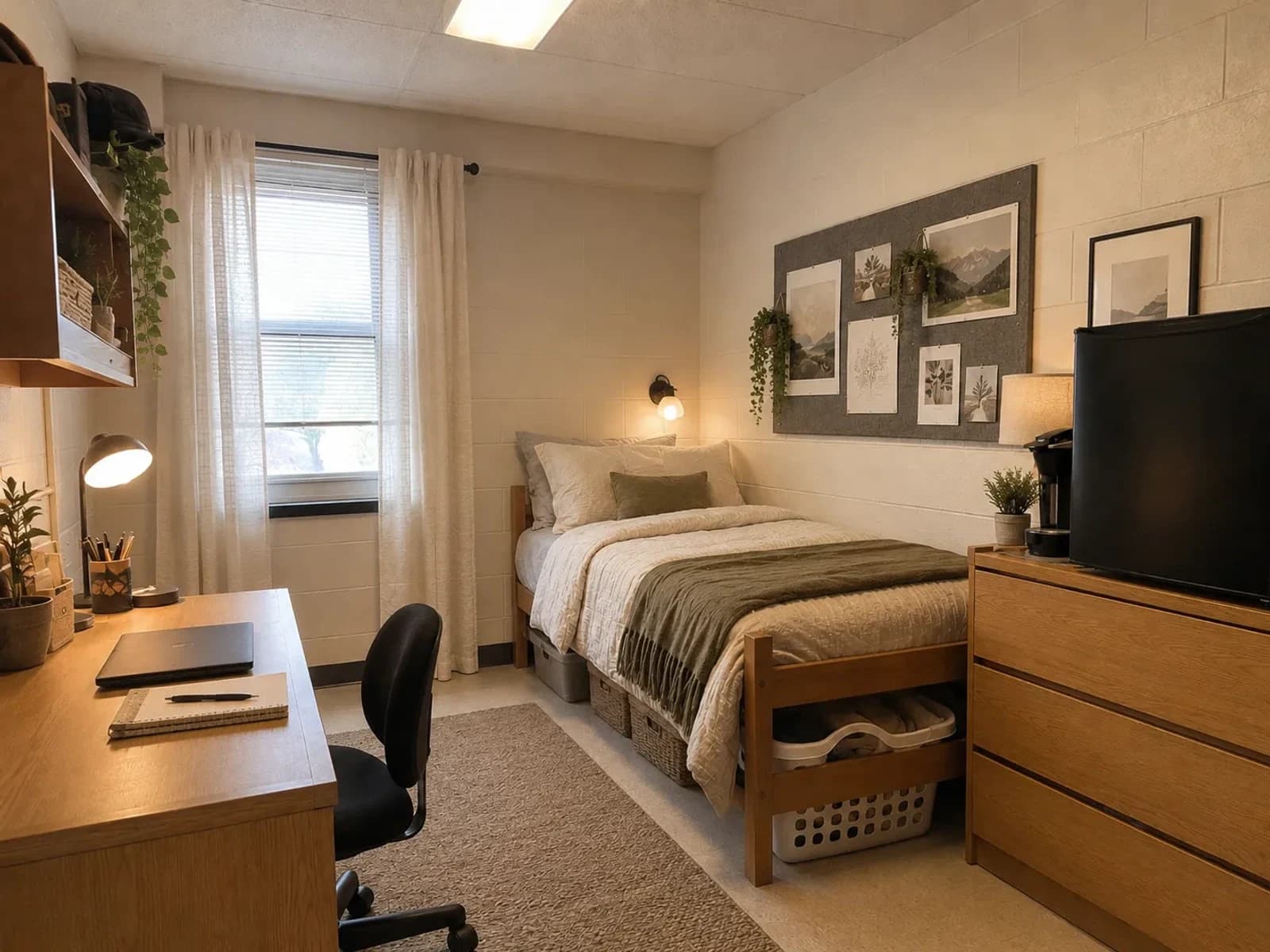 Verified Room Foundry modern dorm preview preserving the bed location, desk, shelving, dresser, refrigerator, walls, window, and circulation