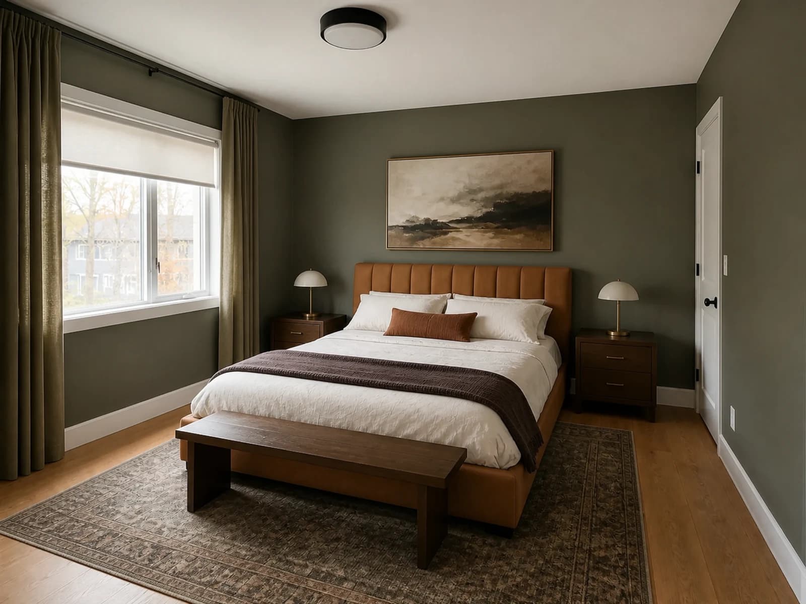 Same bedroom in daylight with olive-charcoal walls, camel bed, walnut furniture, ivory bedding, rust and plum accents, brass lamps, and a patterned rug