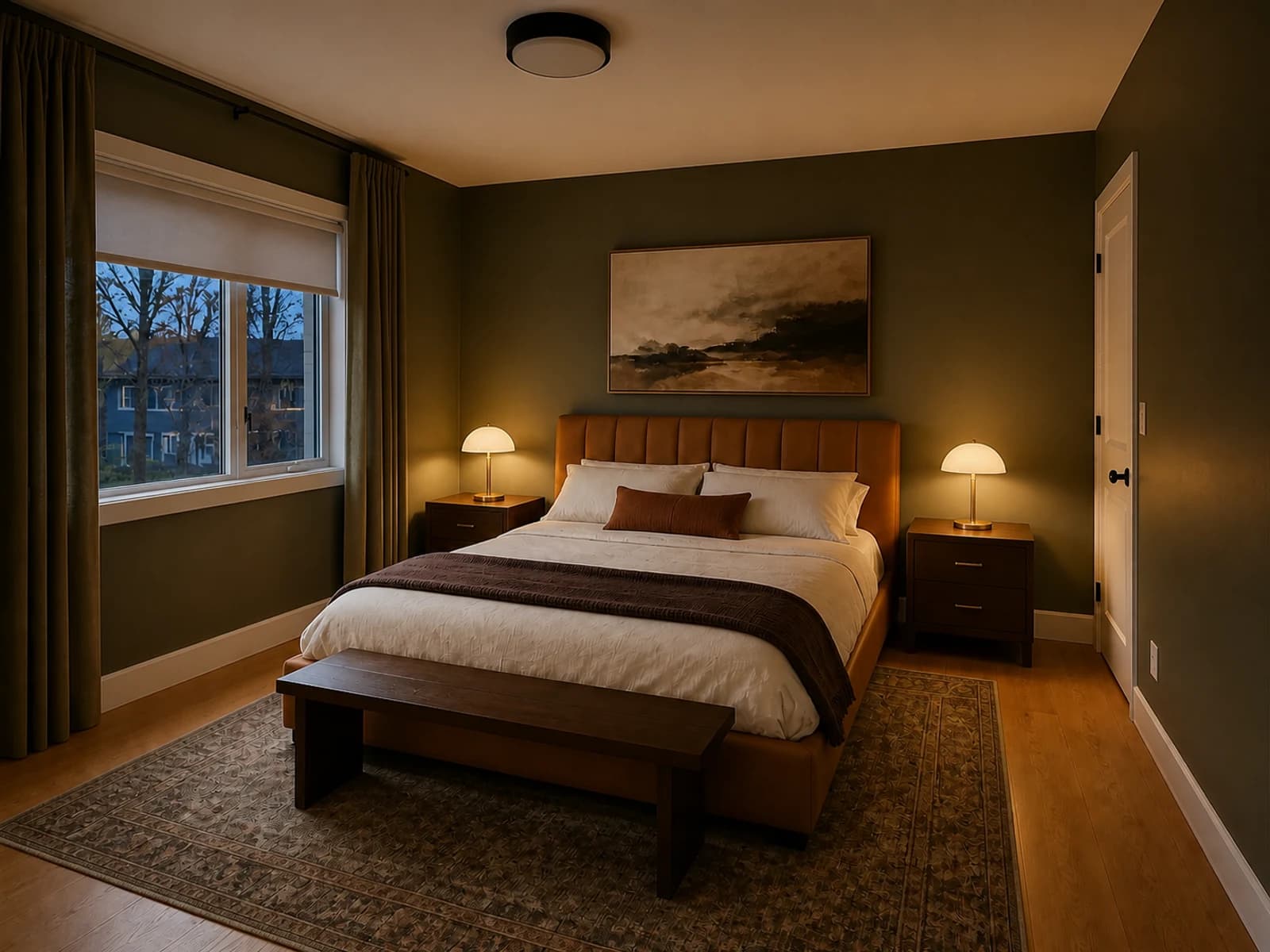 Same moody bedroom at blue hour with both bedside lamps on and the ceiling fixture off