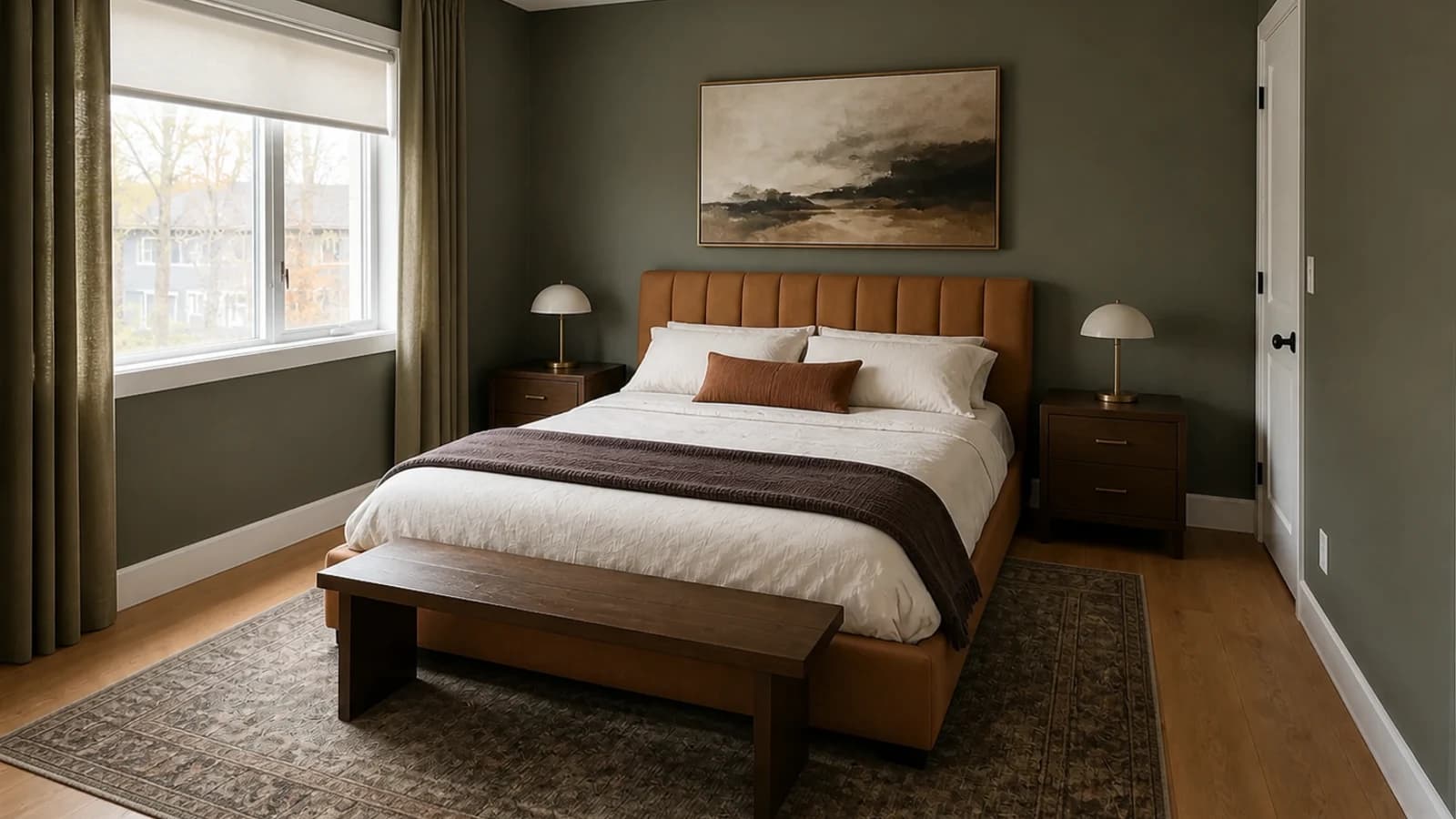 Moody olive bedroom preserving a camel channel bed with warm wood, ivory bedding, aged brass lamps, and daylight