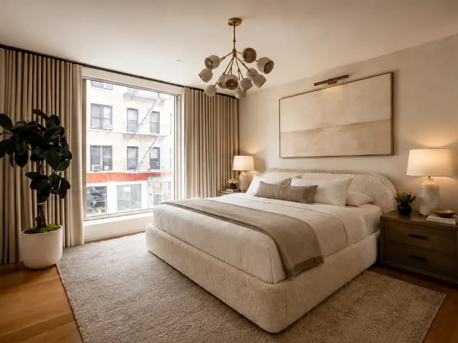 Verified bedroom redesign preview preserving the same ivory upholstered bed