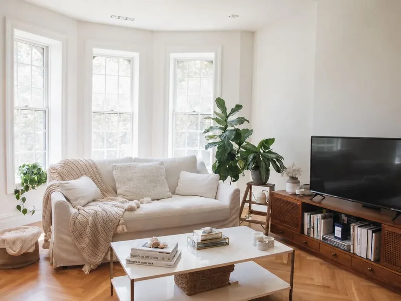Original bright living room with a cream slipcovered sofa in a bay window