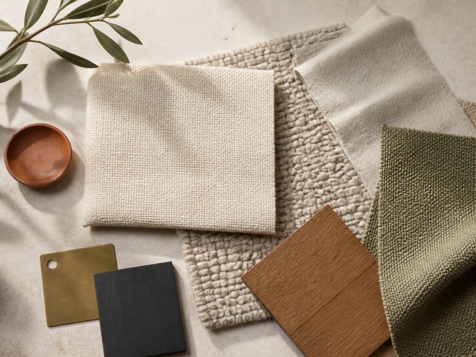 Warm ivory upholstery, oatmeal rug, olive textile, oak, brass, charcoal, and terracotta material samples