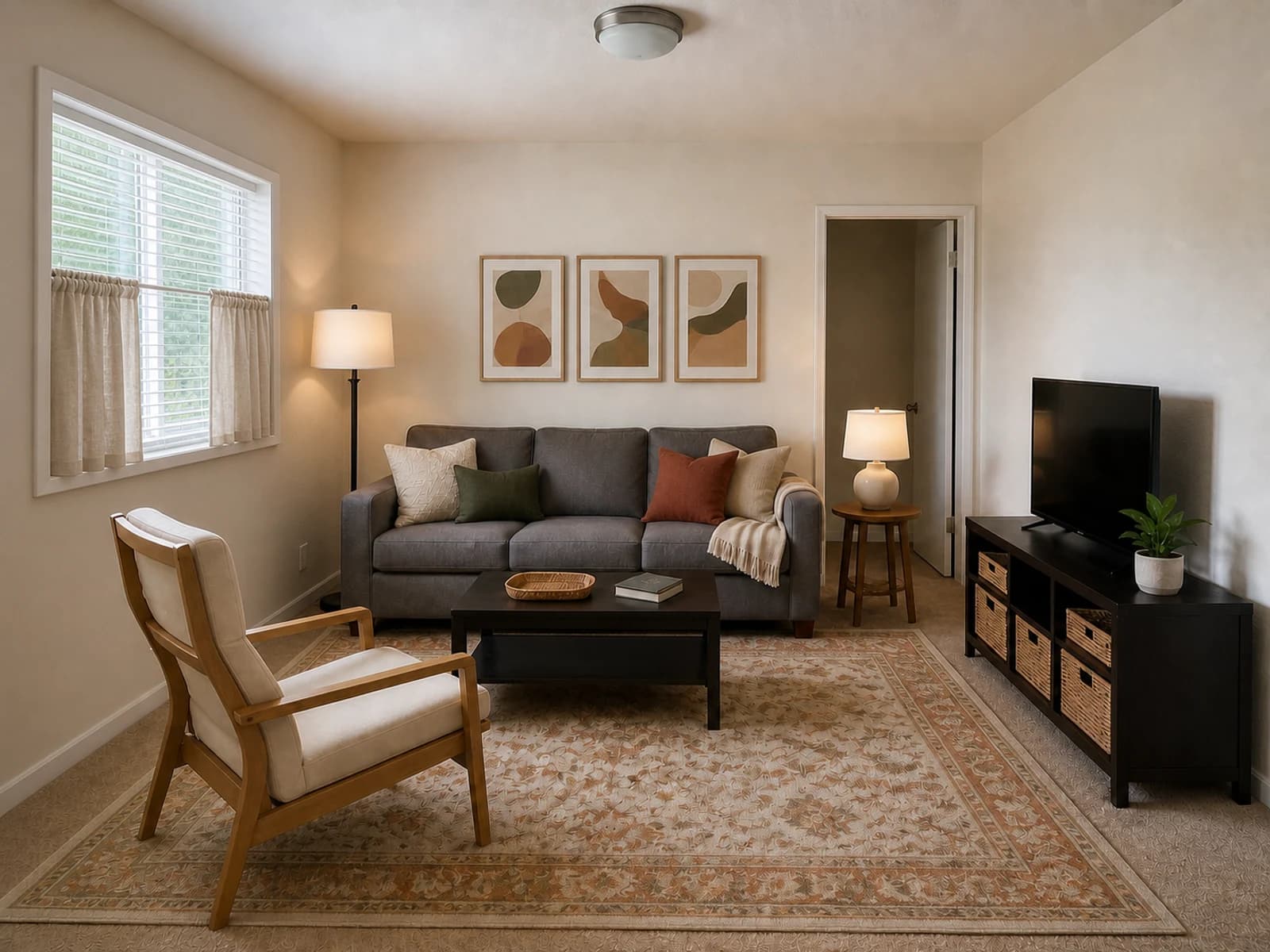 Same rental living room warmed with a rug, café curtains, plug-in lamps, textiles, lightweight art, and woven bins