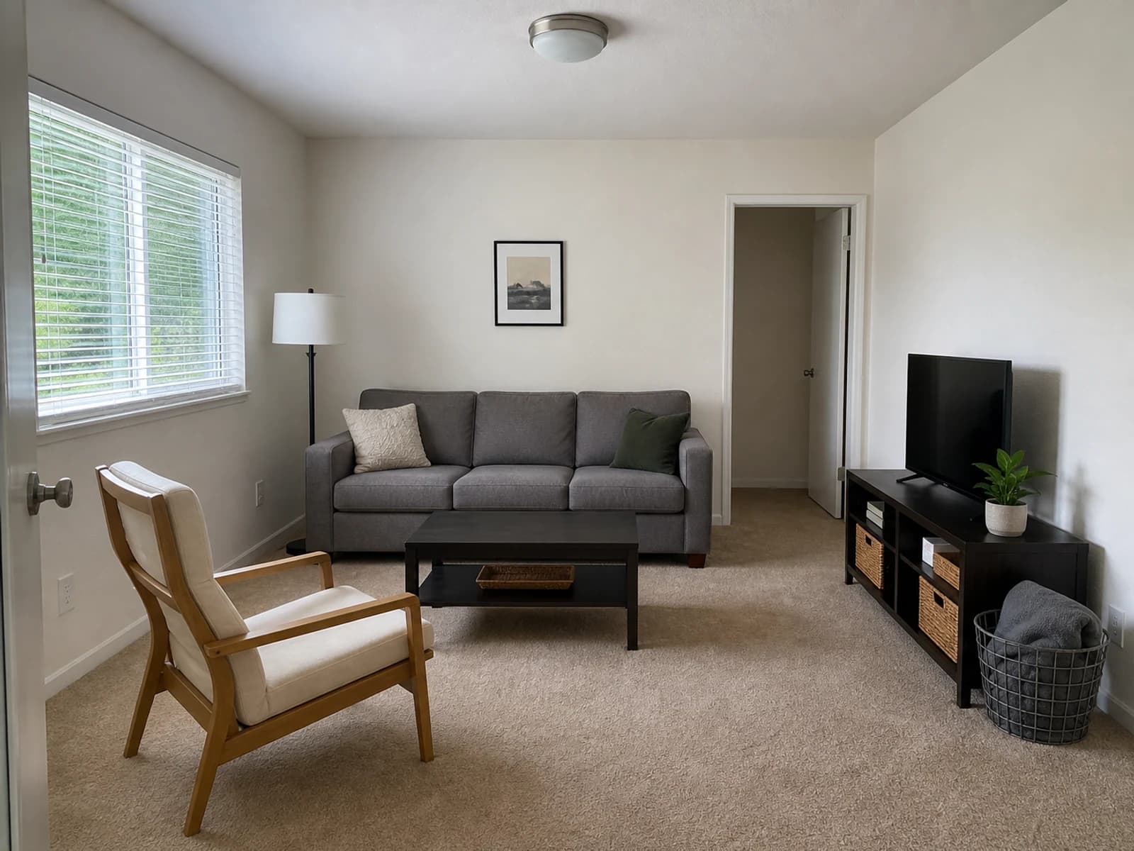 Plain rental living room with warm-white walls, beige carpet, gray sofa, basic blinds, ceiling light, and sparse decor