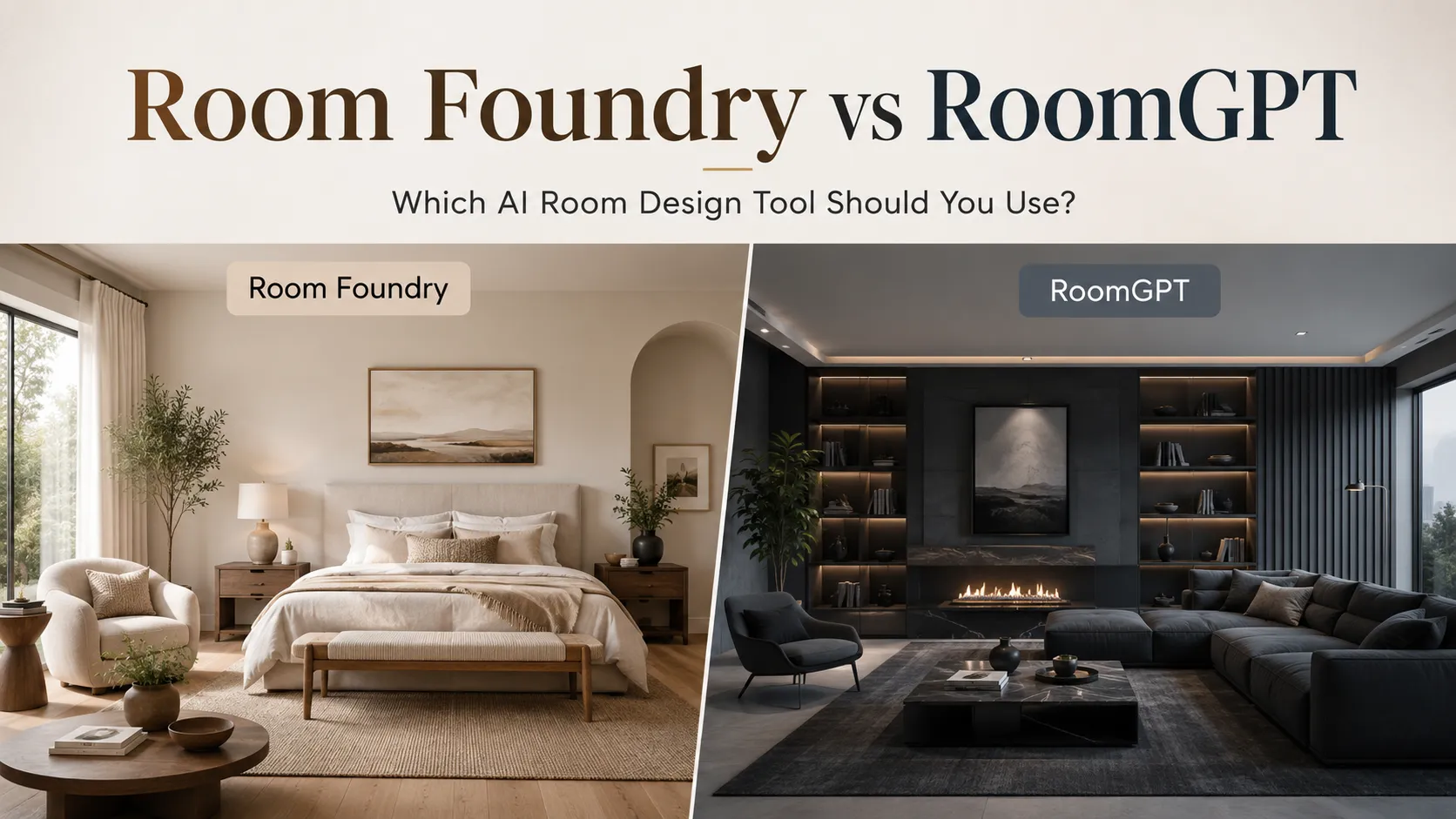 Room Foundry vs RoomGPT comparison showing a warm bedroom design and a dark living room design