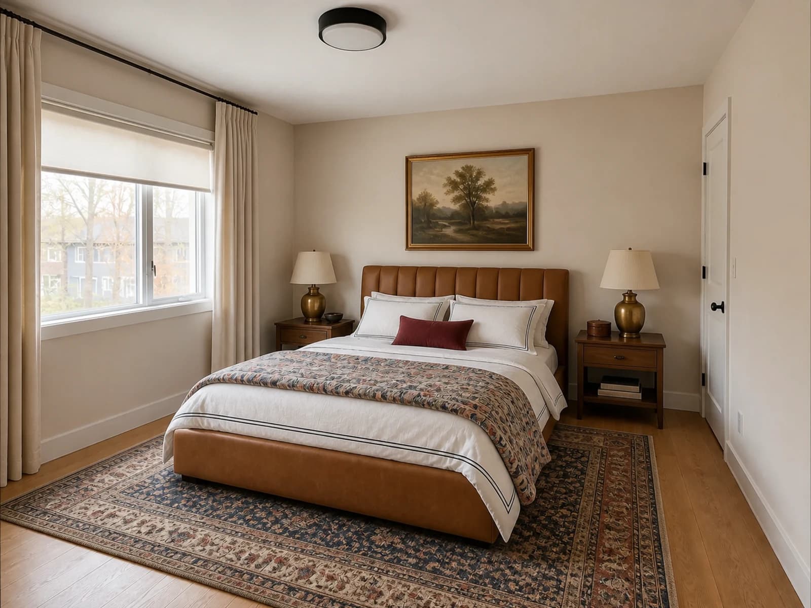 Same camel-bed bedroom in Classic Traditional style with walnut, navy-bordered bedding, oxblood, brass lamps, and a patterned rug