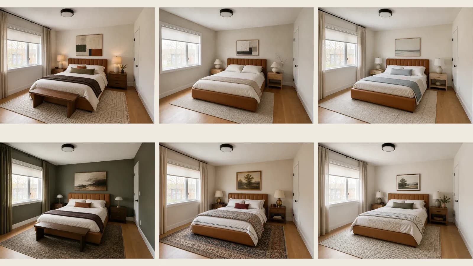 The same camel-bed bedroom shown in Warm Modern, Japandi, Coastal, Moody, Classic Traditional, and Modern Farmhouse styles
