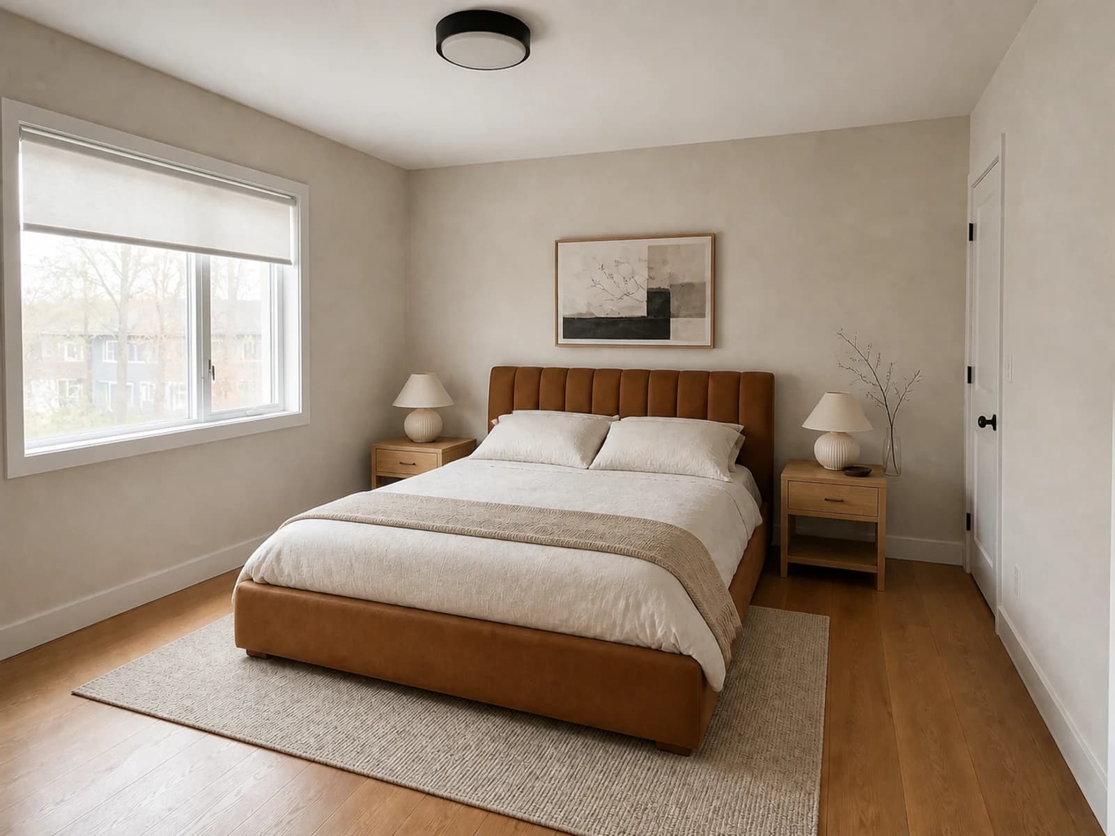 Same camel-bed bedroom in Japandi style with mushroom walls, pale oak, oatmeal linen, matte ceramic, and restrained art