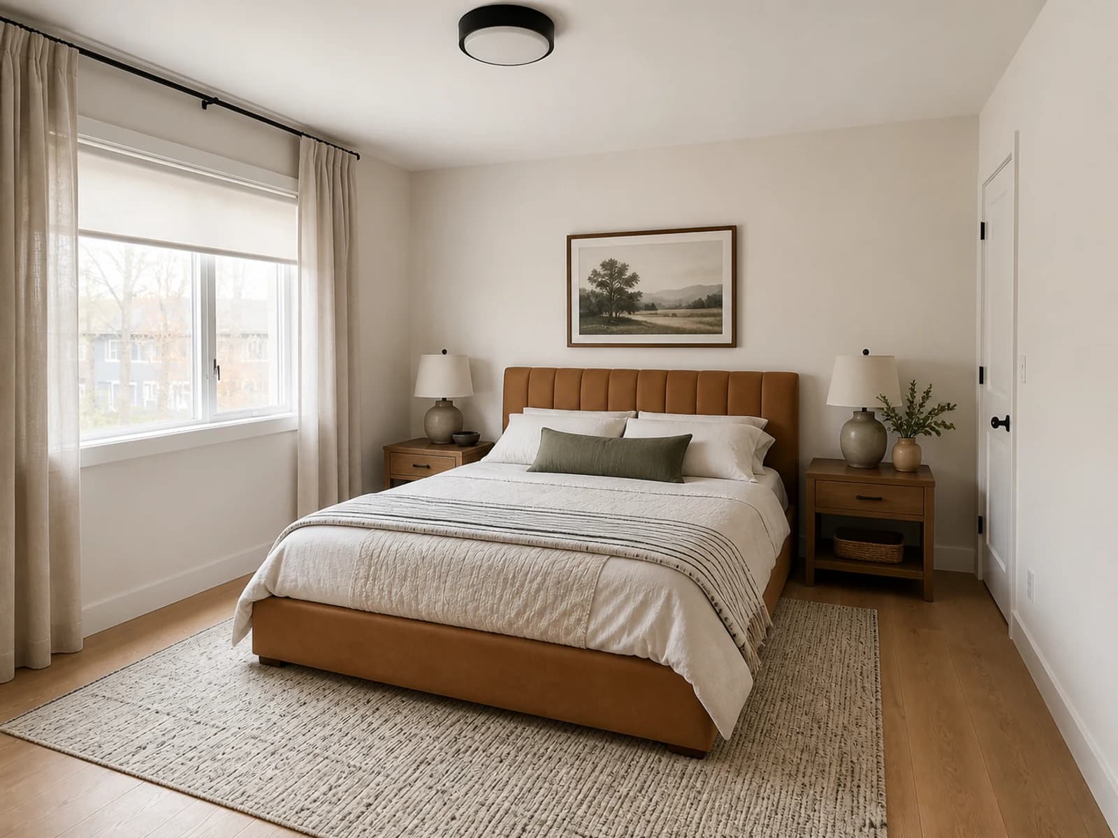 Same camel-bed bedroom in Modern Farmhouse style with warm white, medium oak, oatmeal, forest green, and simple striped bedding