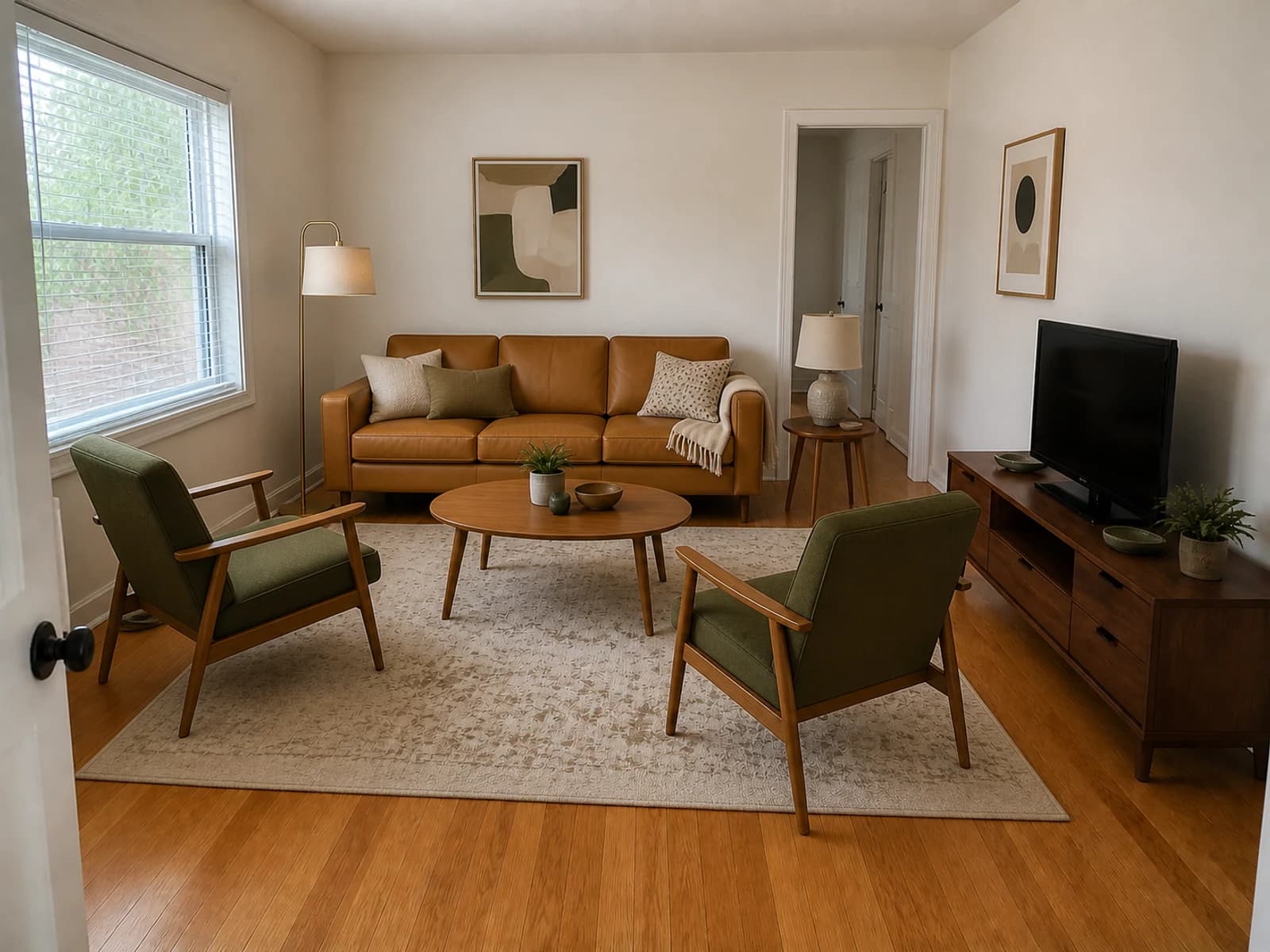 Same compact living room arranged with two olive chairs angled toward the existing camel sofa
