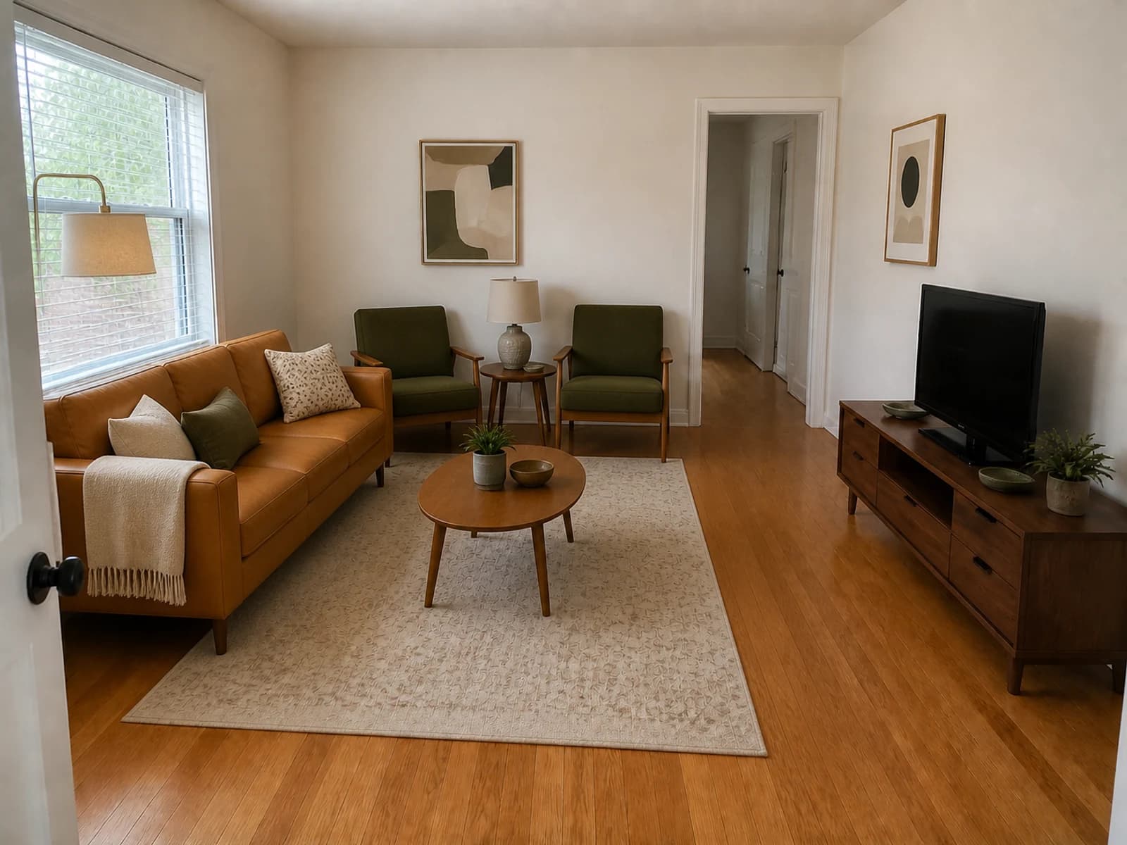 Same compact room with the camel sofa beneath the window and olive chairs on the rear wall