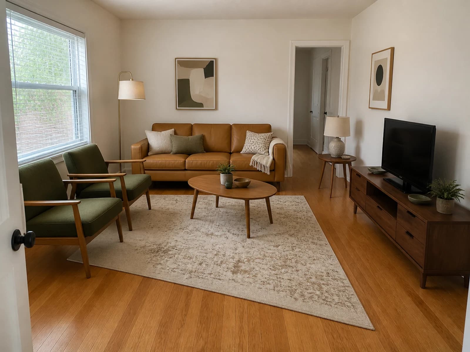 Compact living room with a camel sofa, two olive chairs, rug, tables, lamps, and media console in an awkward arrangement