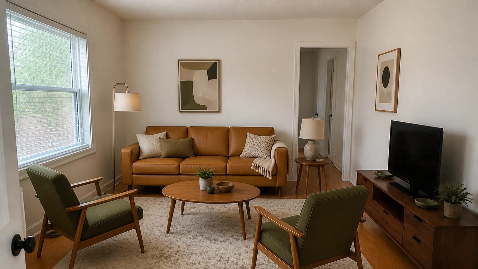 Compact living room arranged for conversation with an existing camel sofa and two olive chairs