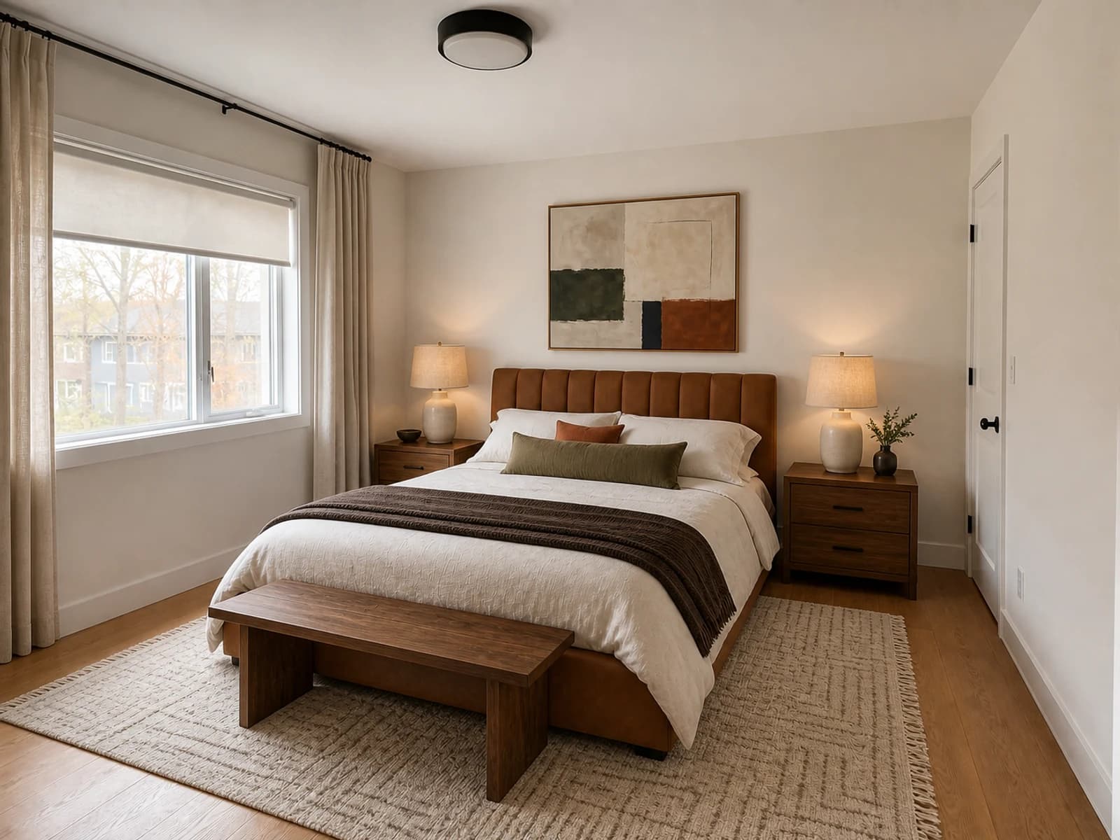 Same bedroom and camel channel bed styled with walnut, olive, rust, espresso, linen curtains, layered bedding, lamps, art, and a larger rug