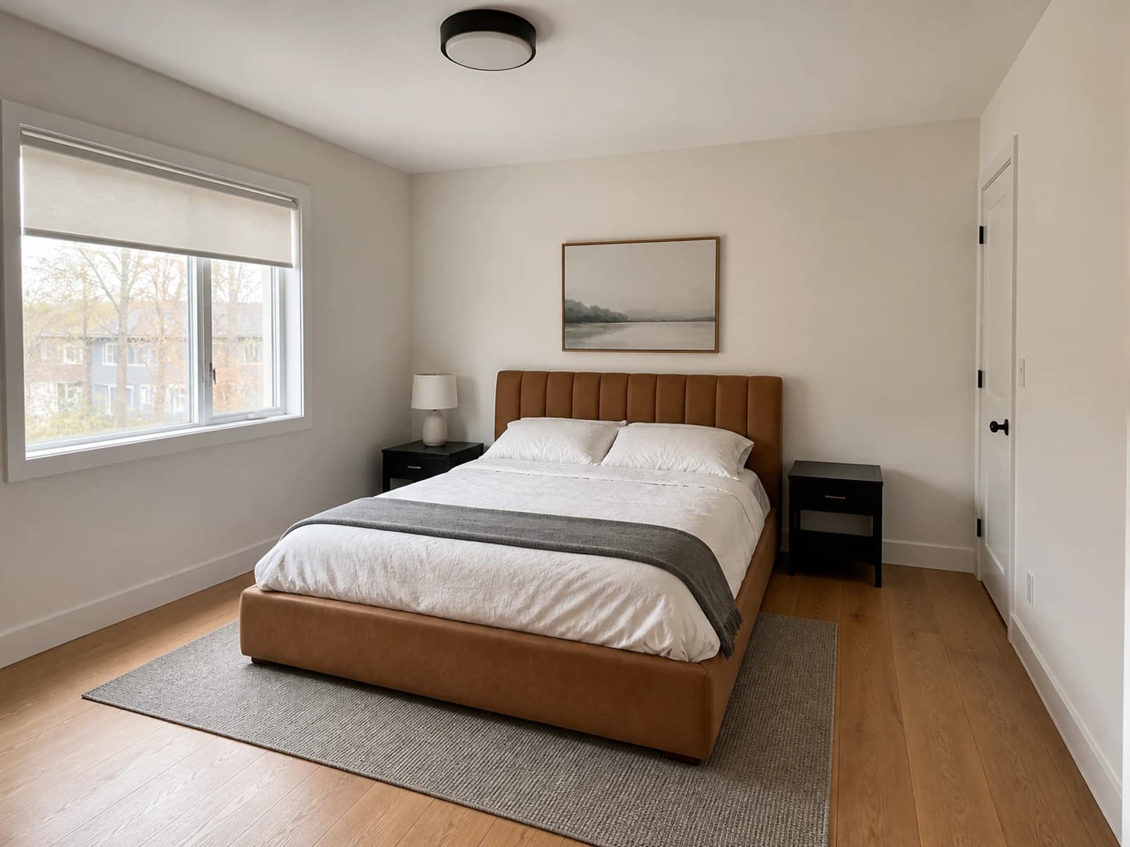 Underfinished bedroom with a camel channel bed, black nightstands, thin gray rug, plain bedding, roller shade, and simple art
