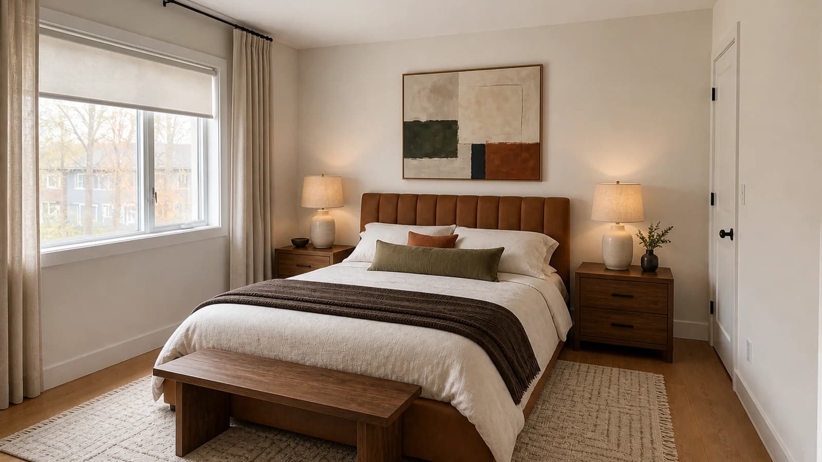 Warm modern bedroom preserving a camel channel bed with walnut, olive, rust, espresso, linen, and a large textured rug