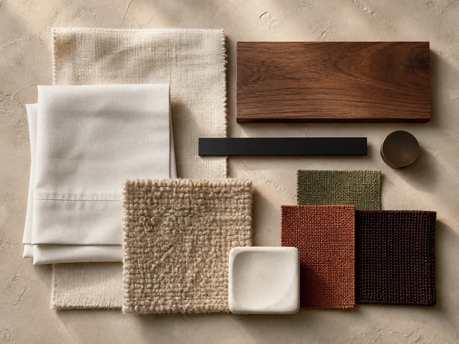 Warm modern bedroom material palette with ivory linen, warm-white cotton, oatmeal wool, walnut, olive, rust, espresso, matte black, bronze, and ceramic