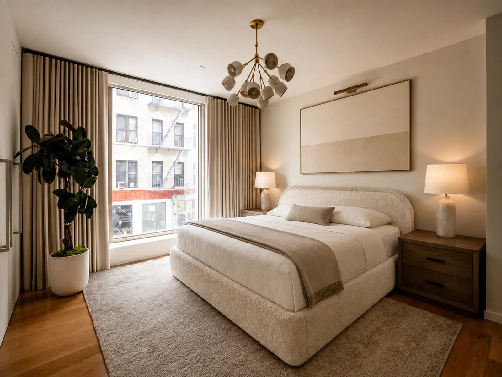 Editorial bedroom refinement study with fewer pillows and simplified nightstand decor