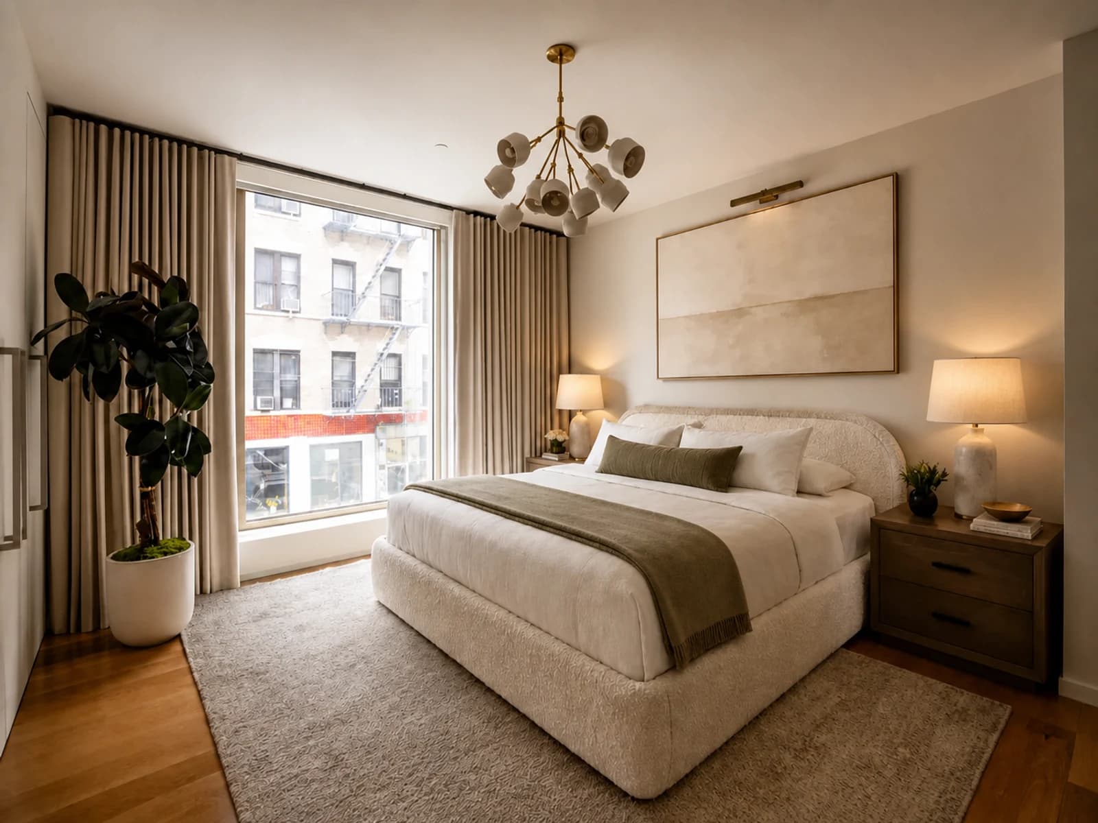 Editorial bedroom refinement study adding muted olive bedding accents and warmer lamp light