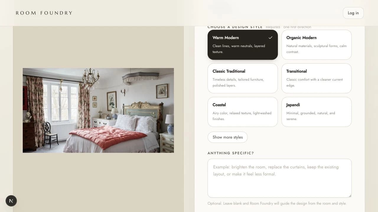 Actual Room Foundry workflow showing an uploaded bedroom and Warm Modern style selection