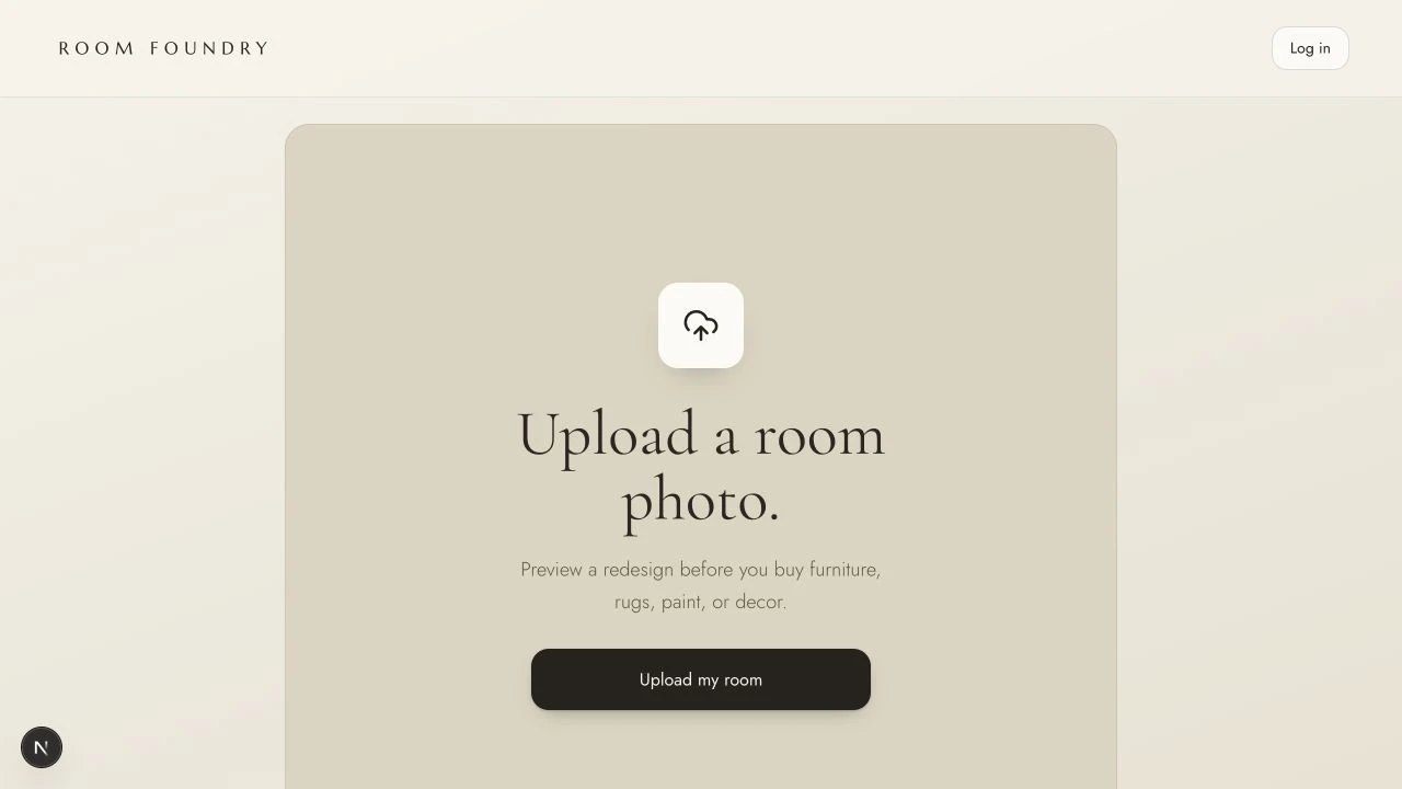 Actual Room Foundry upload screen inviting a user to upload a room photo