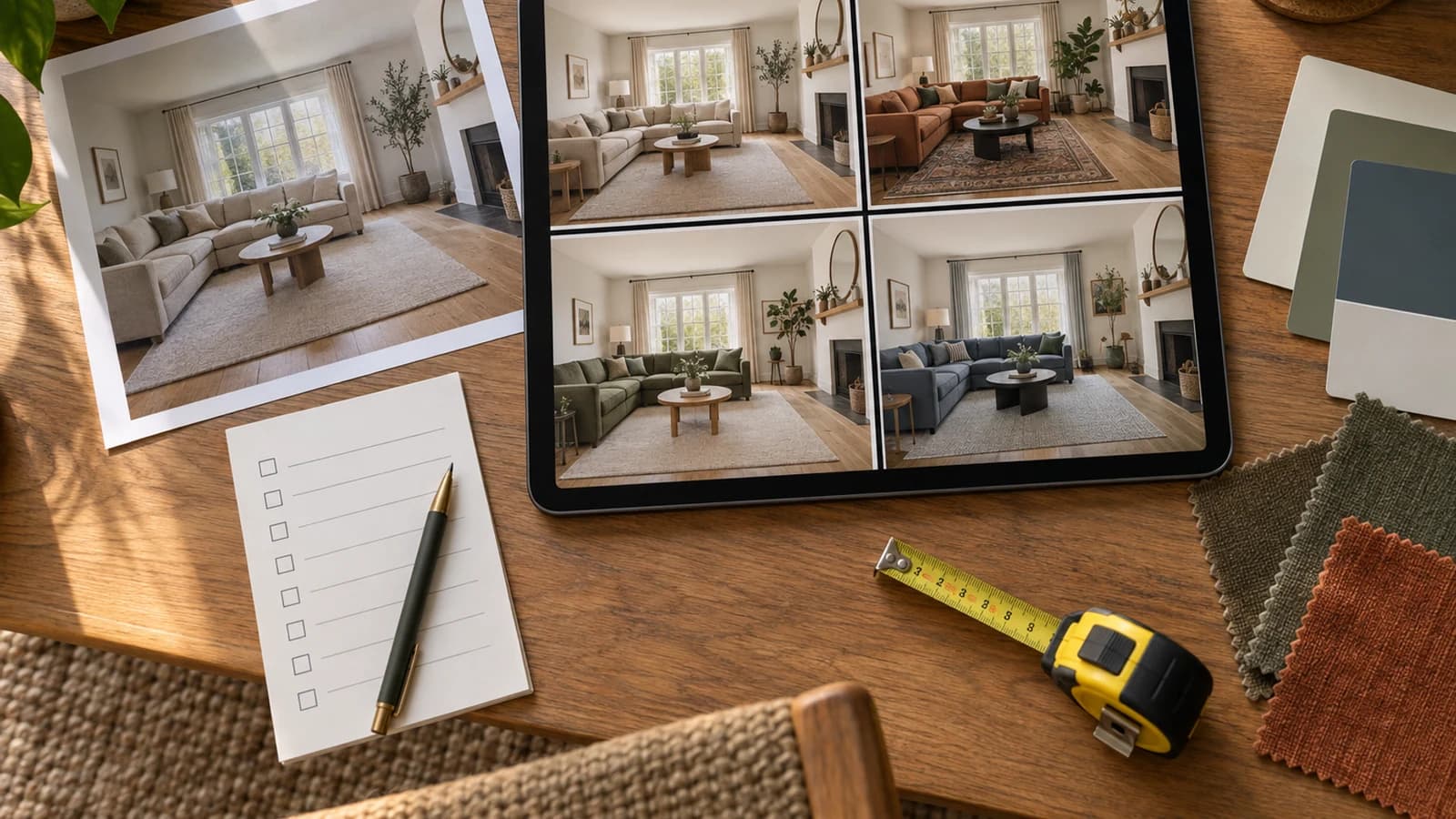 Room photo, tablet with four room directions, checklist, tape measure, and material swatches on an oak table