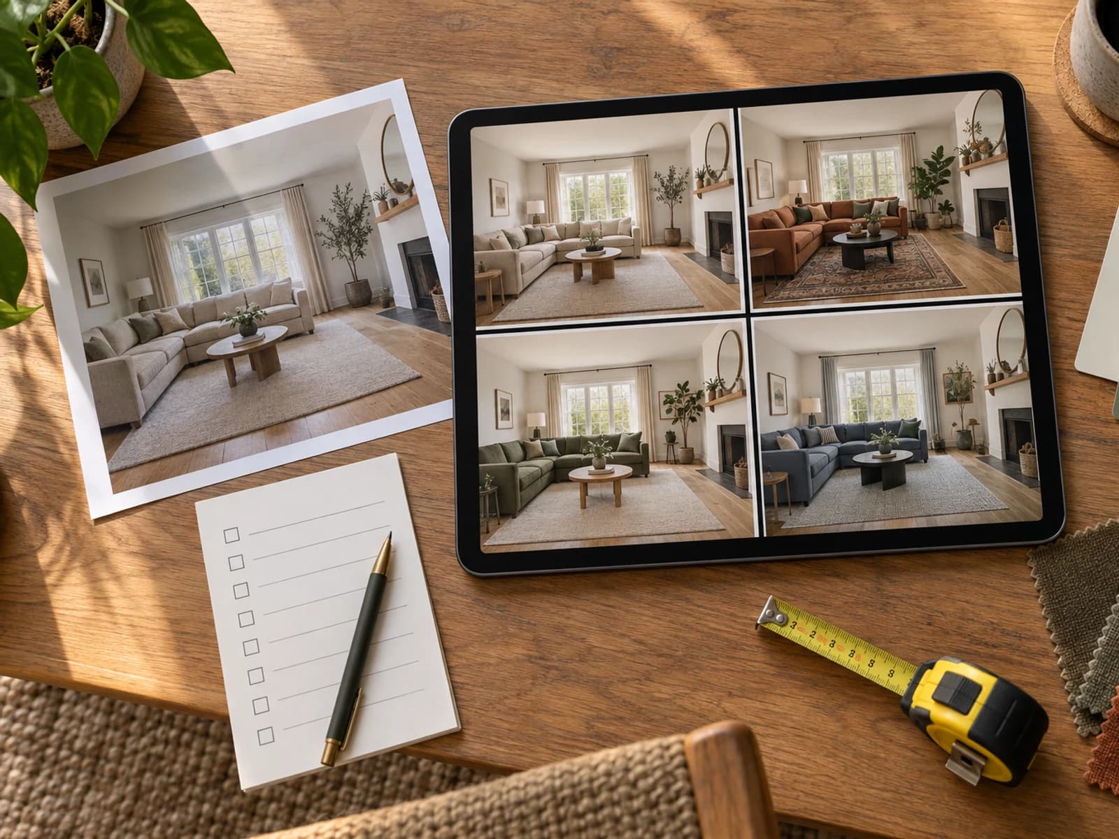 Oak table with one room photo, a tablet showing four unbranded room directions, a blank checklist, tape measure, and fabric swatches