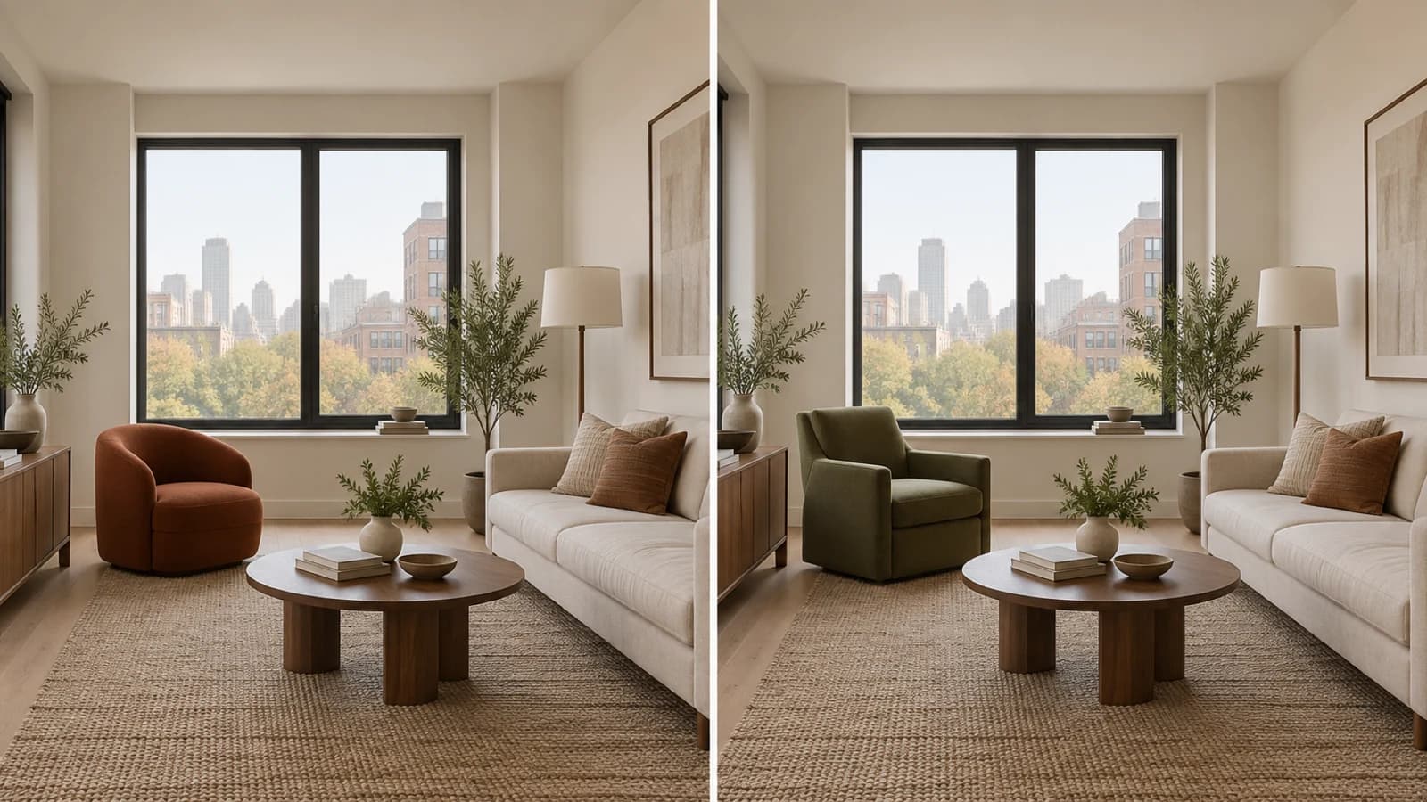 Same living room compared with a rounded rust chair and a taller olive chair