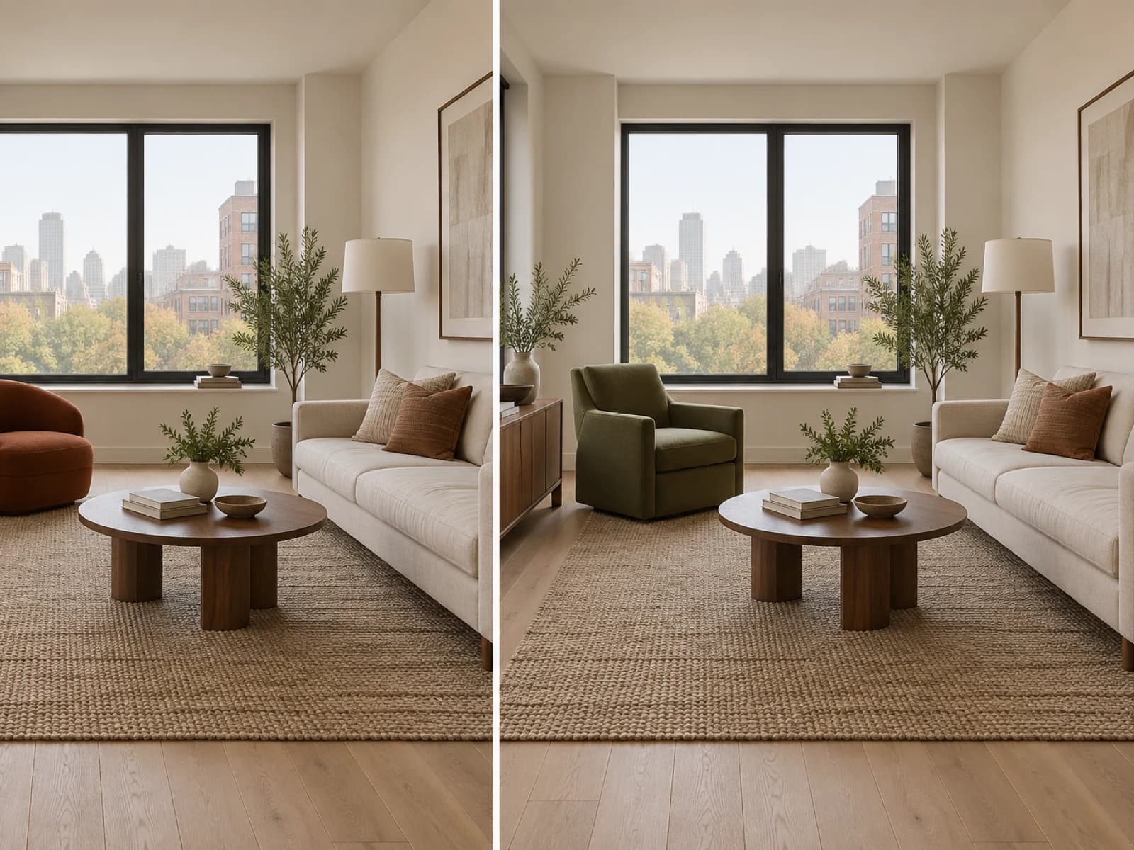 Same living room with a low rounded rust chair on the left and a taller straight olive chair on the right