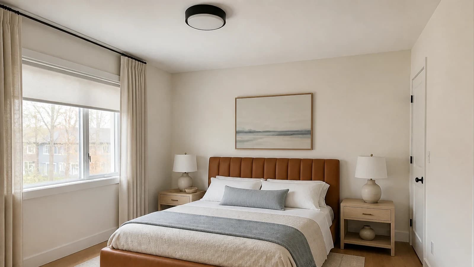 Refined coastal bedroom preserving a camel upholstered bed with pale oak, linen, muted blue, and tailored bedding