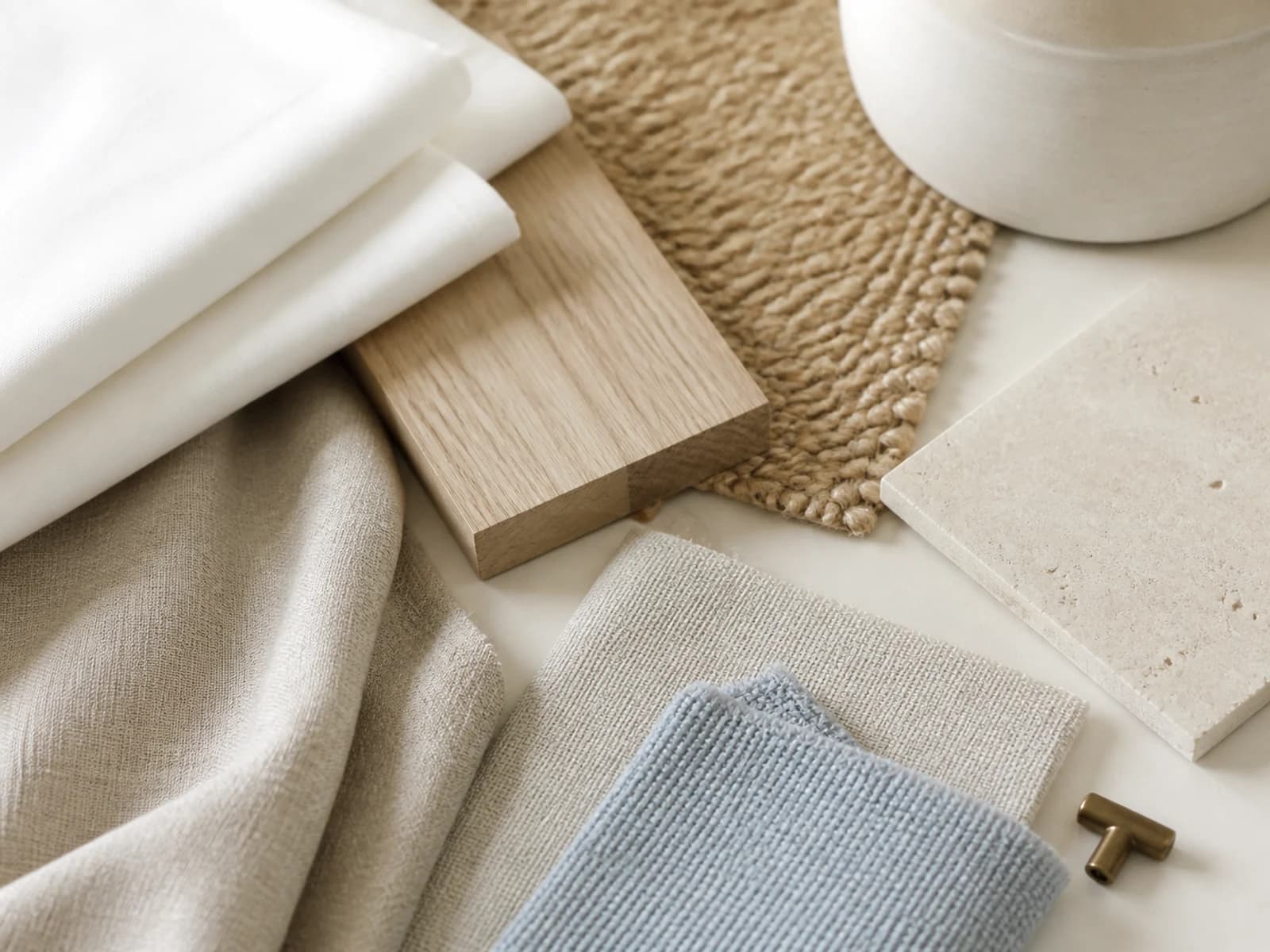 Refined coastal bedroom material palette with white cotton, oatmeal linen, pale oak, natural flatweave, muted blue fabric, ceramic, limestone, and aged brass
