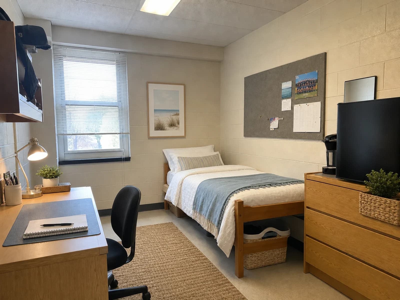 Editorial coastal dorm room concept with ivory bedding, a sunwashed blue throw, pale woven storage, warm task lighting, and the original furniture